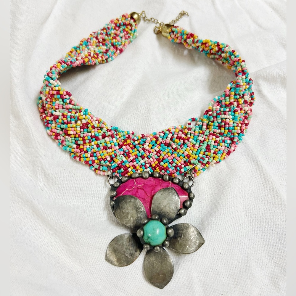 Turquoise & Pink Agate Western Flower Beaded Necklace w\ Silver